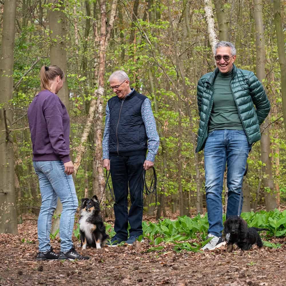 Drie mensen met twee honden in het bos